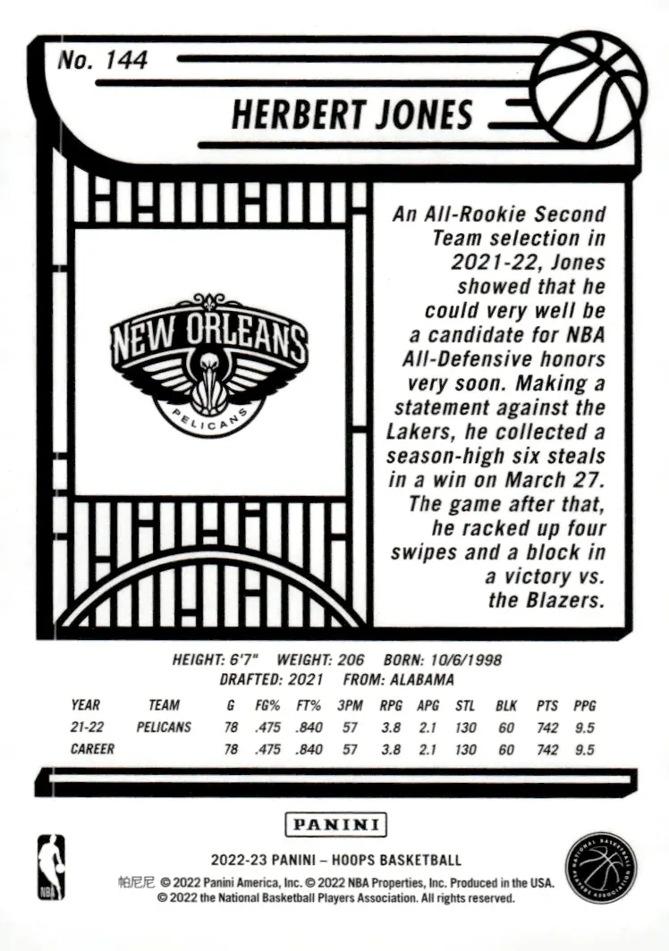 2022-23 NBA Hoops #144 Herbert Jones (back)