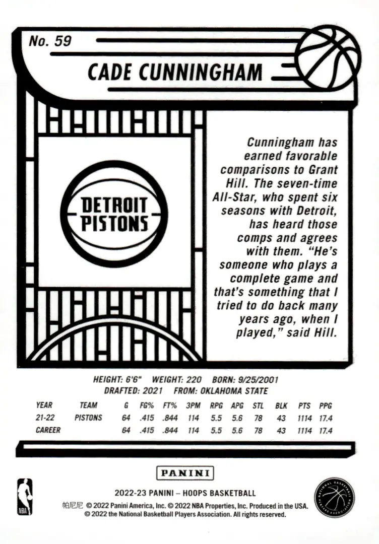2022-23 NBA Hoops #59 Cade Cunningham (back)