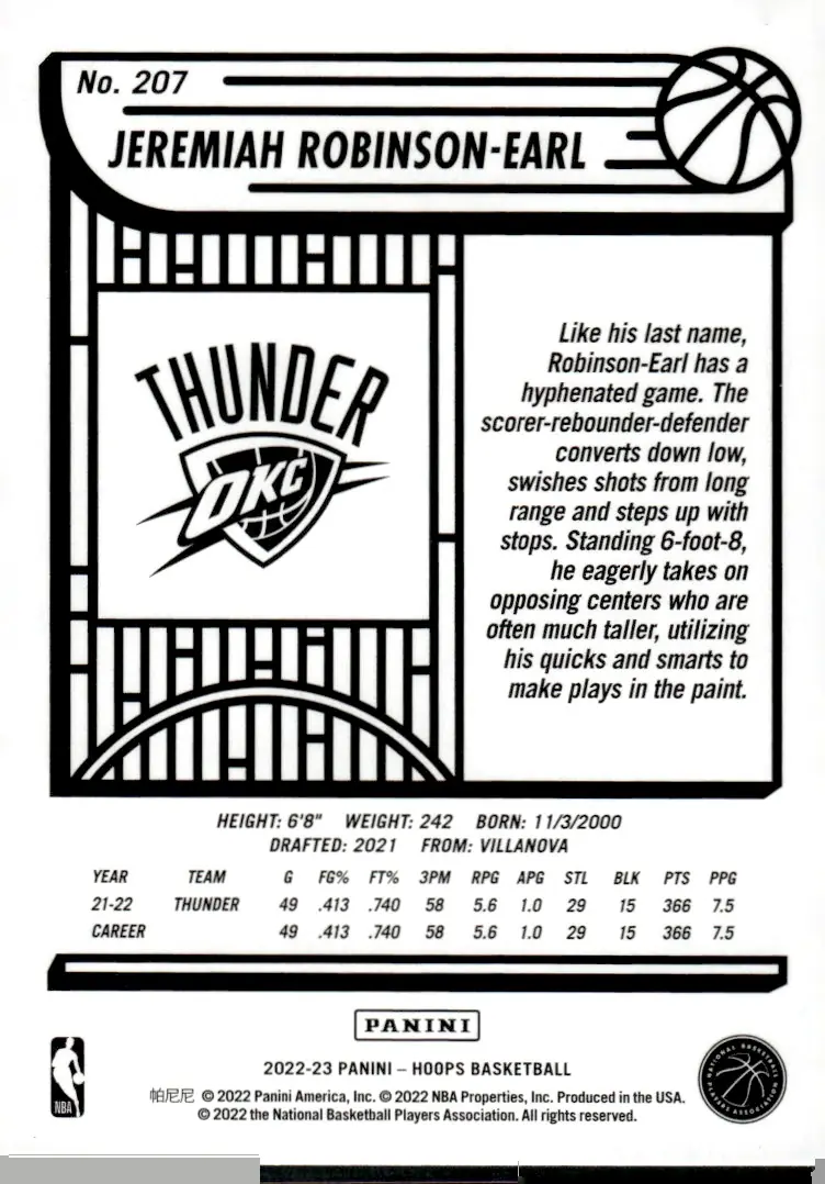 2022-23 NBA Hoops #207 Jeremiah Robinson-Earl (back)