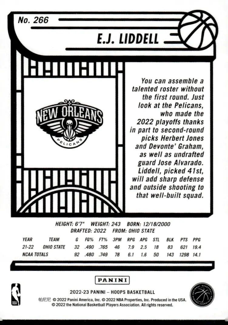 2022-23 NBA Hoops #266 E.J. Liddell (back)