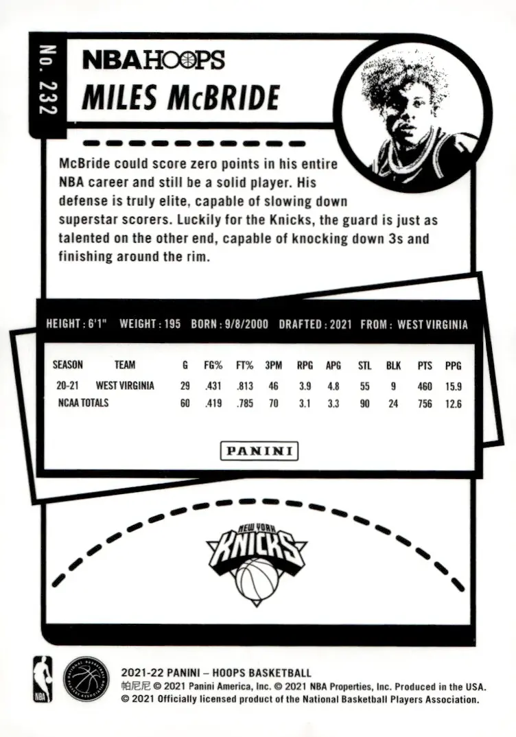 2021-22 NBA Hoops #232 Miles McBride (back)