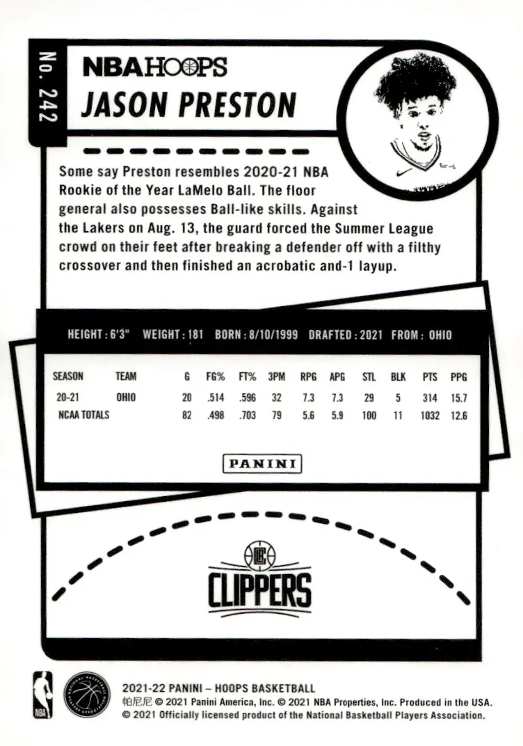 2021-22 NBA Hoops #242 Jason Preston – Winter (back)