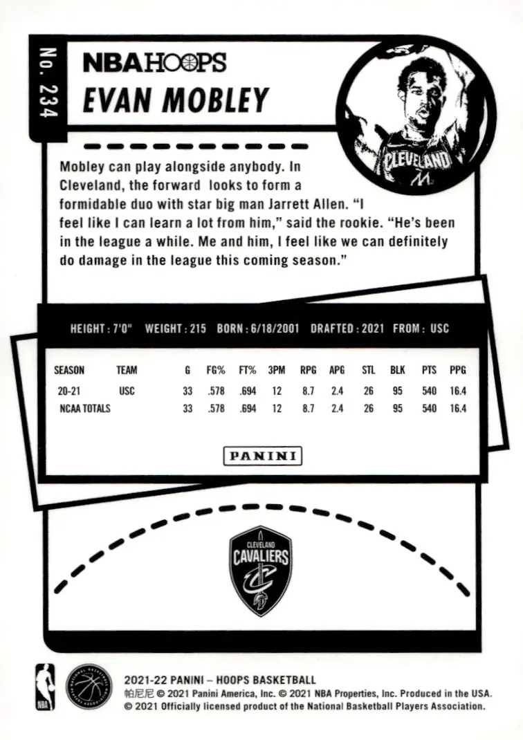 2021-22 NBA Hoops #234 Evan Mobley (back)