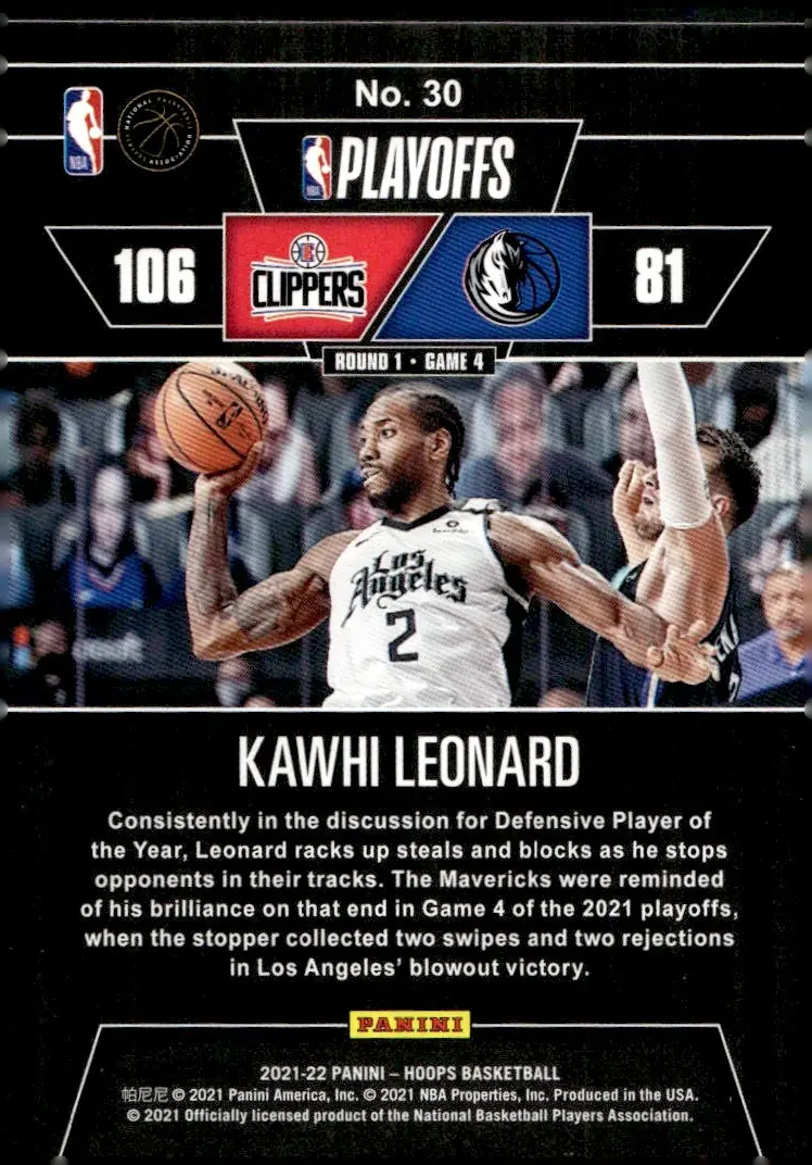 2021-22 NBA Hoops #30 Kawhi Leonard – First Round /2021 (back)