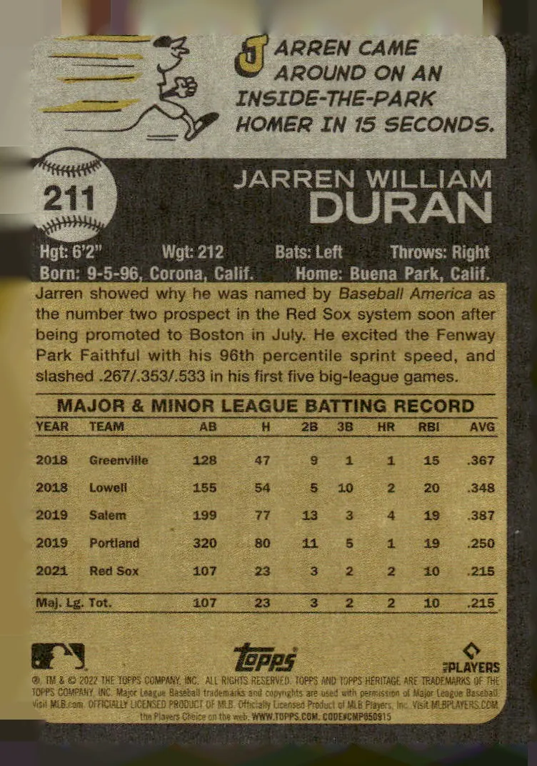 2022 Topps Heritage #211 Jarren Duran (back)