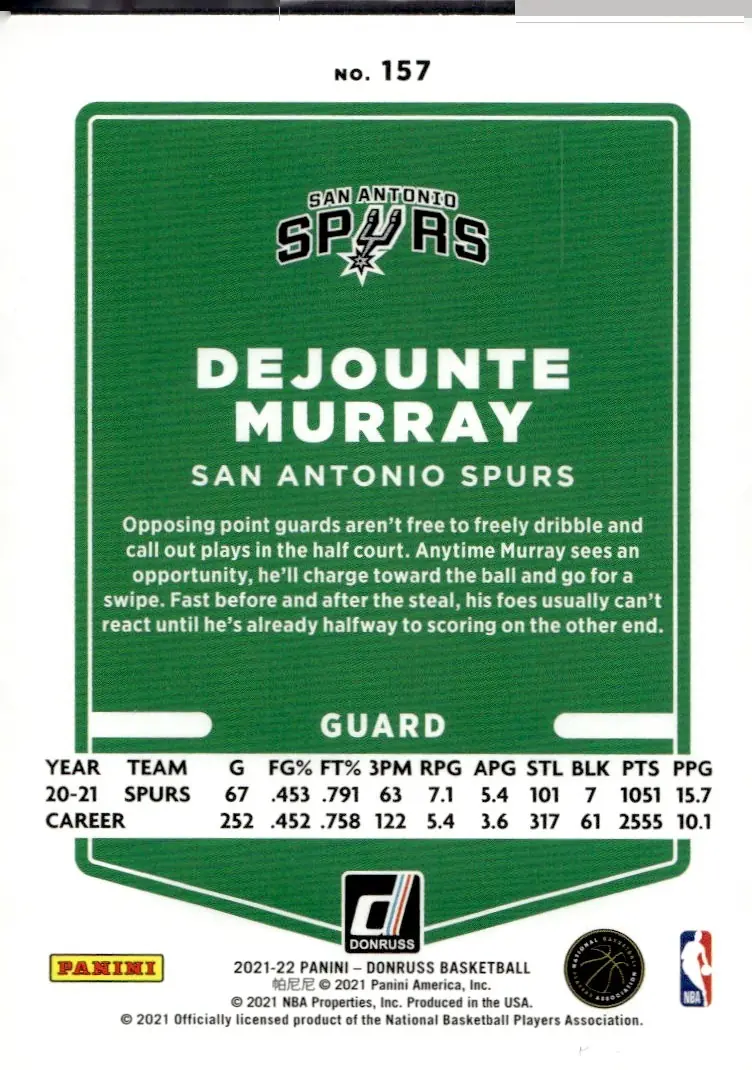 2021-22 Donruss #157 Dejounte Murray (back)