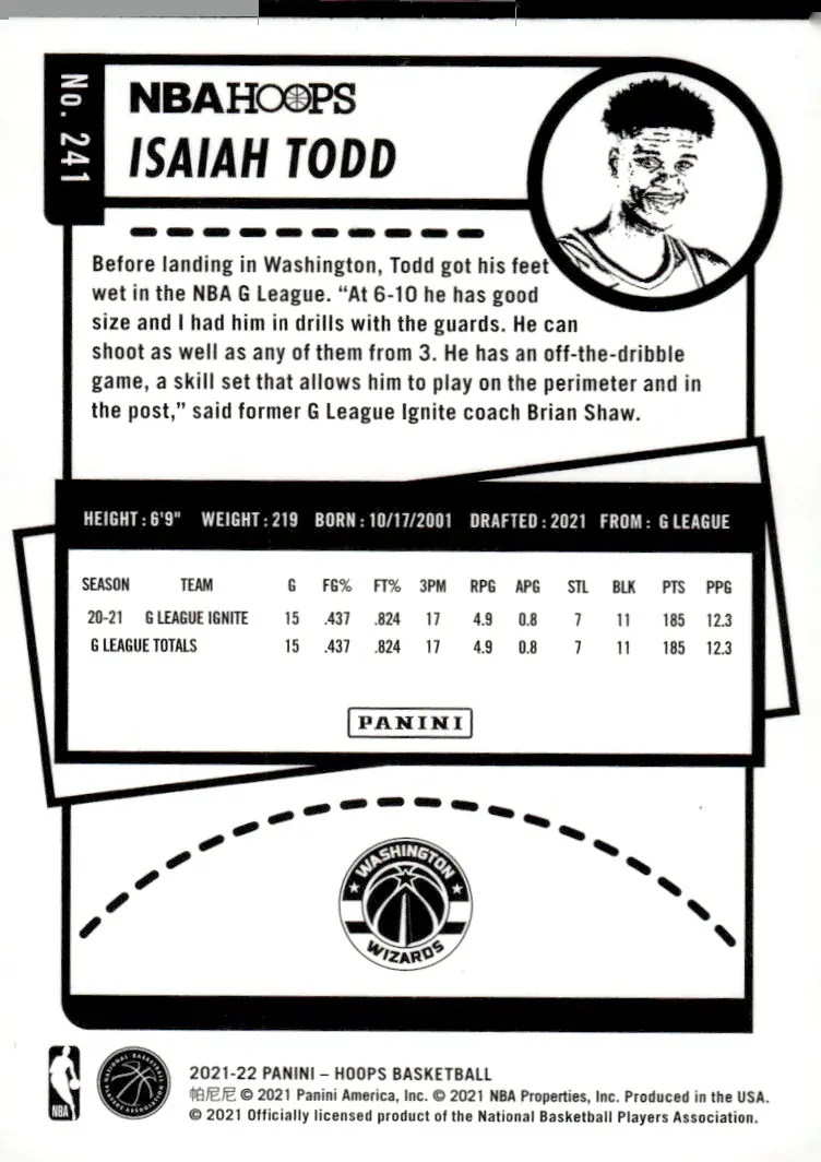 2021-22 NBA Hoops #241 Isaiah Todd (back)