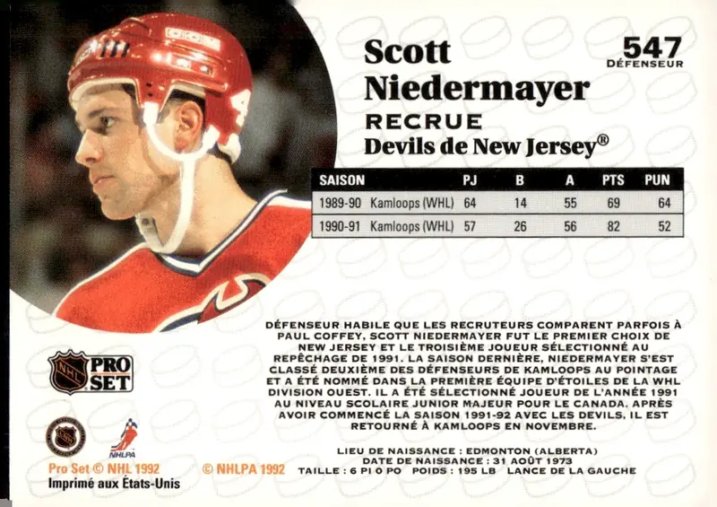1991-92 Pro Set (French/Canadian edition) #547 Scott Niedermayer – French-language version (back)