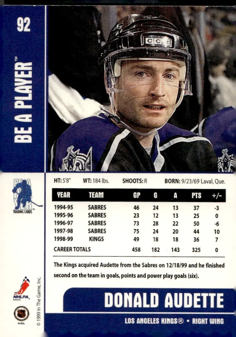 1999-00 Be A Player Memorabilia #92 Donald Audette (back)