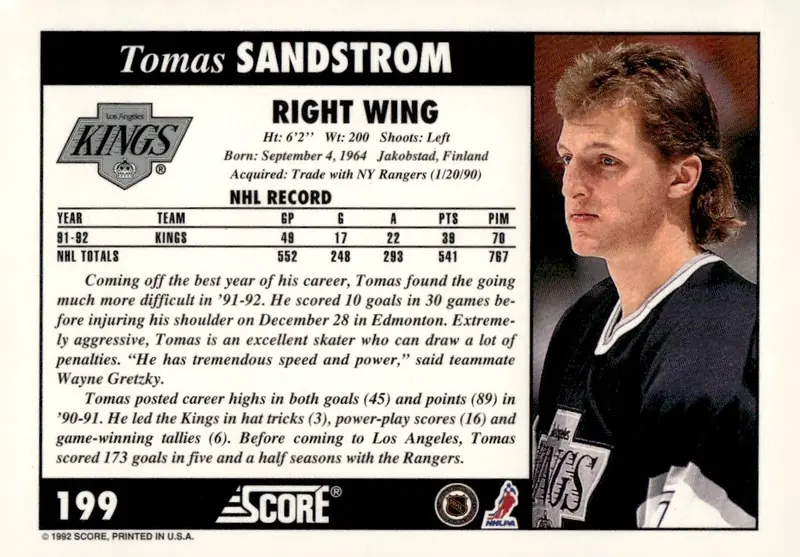1992-93 Score (U.S.) #199 Tomas Sandstrom (back)