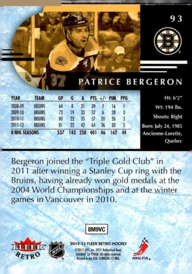 2012-13 Fleer Retro #93 Patrice Bergeron (back)
