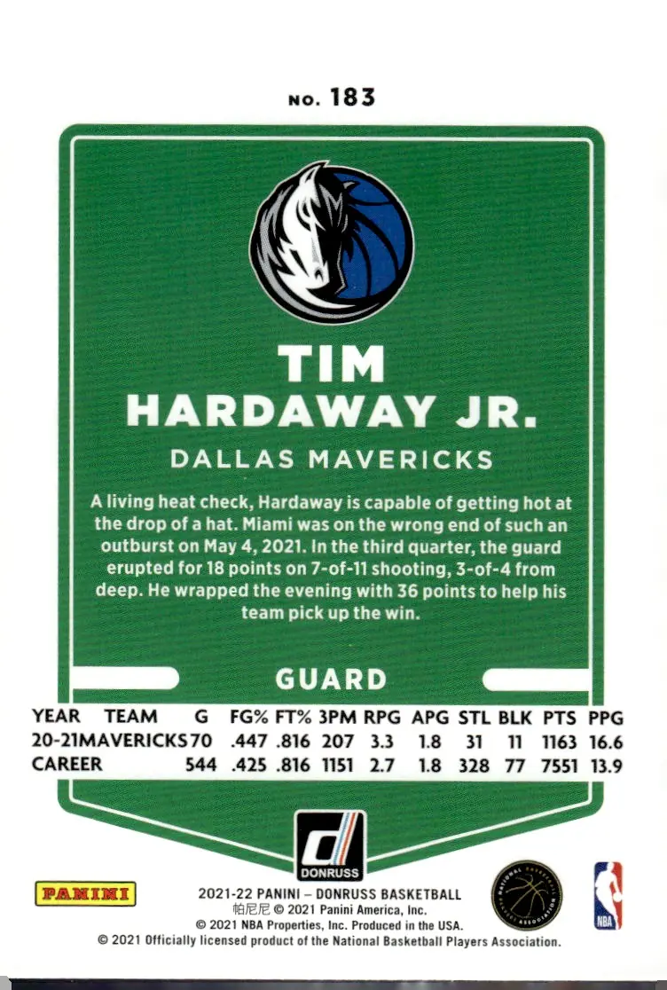 2021-22 Donruss #183 Tim Hardaway Jr. (back)