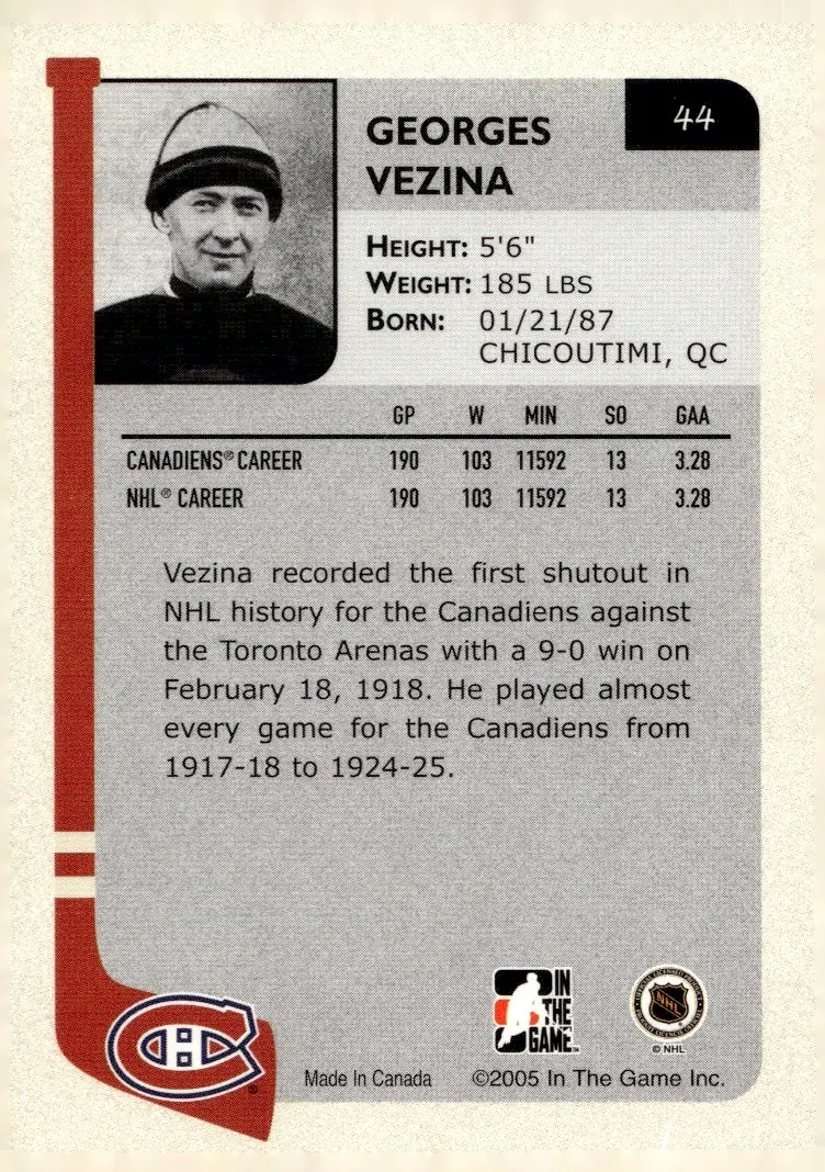 2004-05 ITG Franchises Canadian Edition #44 Georges Vezina (back)
