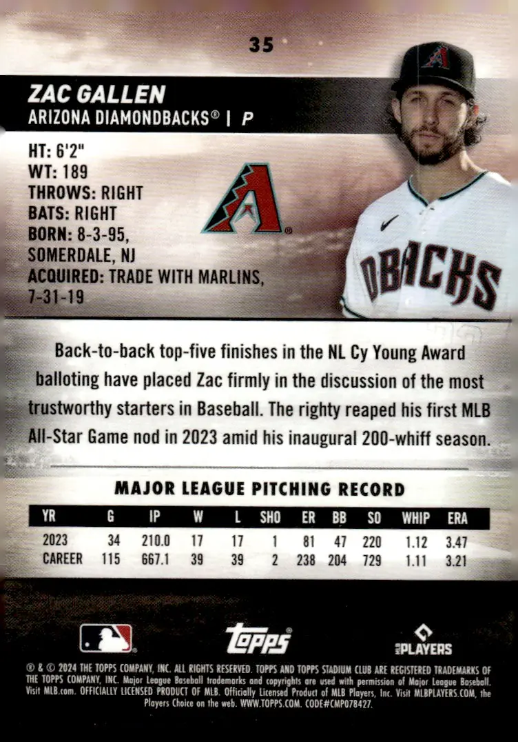 2024 Topps Stadium Club #35 Zac Gallen (back)