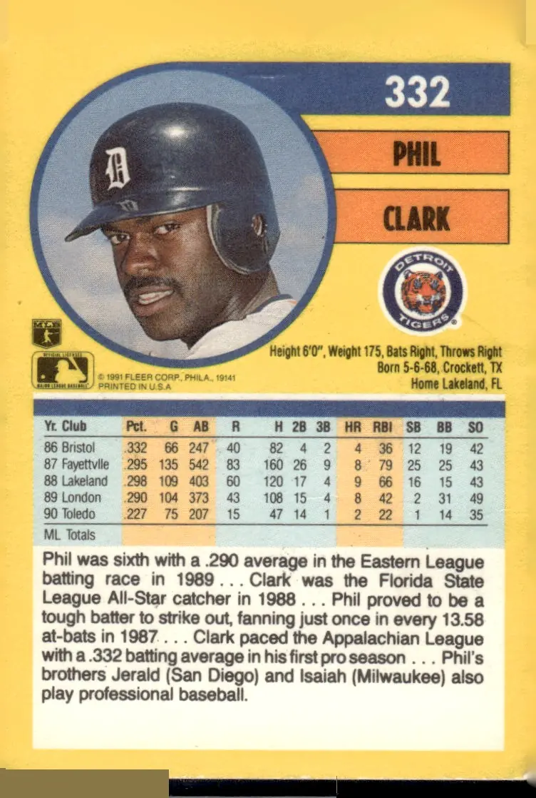 1991 Fleer #332 Phil Clark (back)