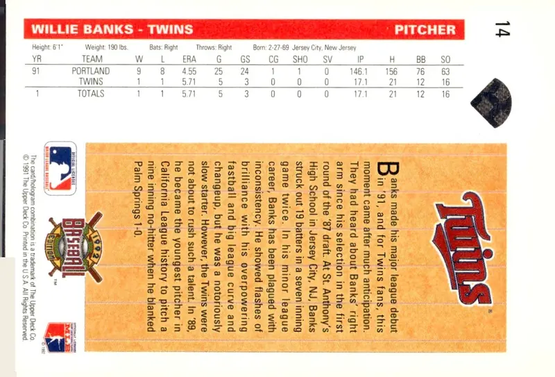 1992 Upper Deck #14 Willie Banks (back)