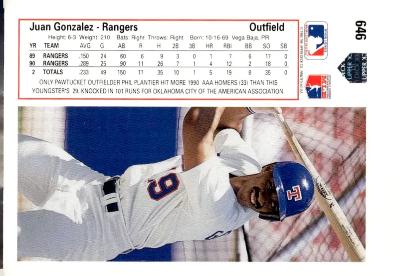 1991 Upper Deck #646 Juan Gonzalez (back)