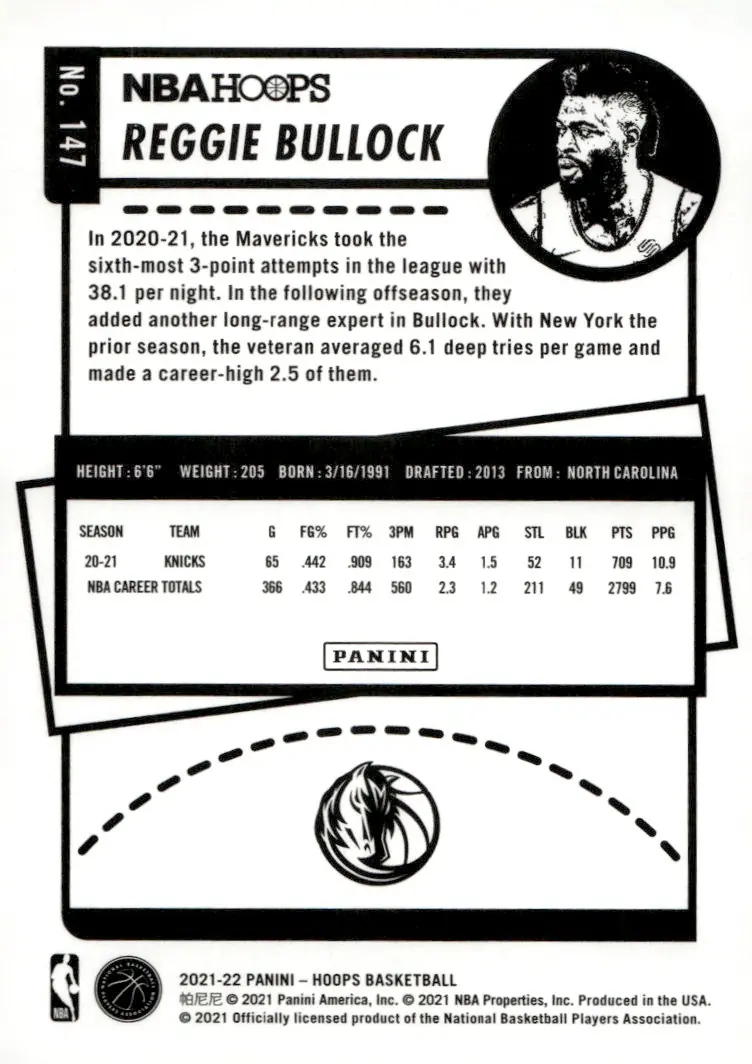 2021-22 NBA Hoops #147 Reggie Bullock (back)