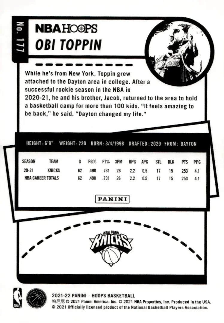 2021-22 NBA Hoops #177 Obi Toppin (back)