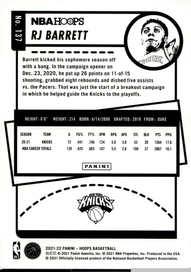 2021-22 NBA Hoops #137 RJ Barrett (back)