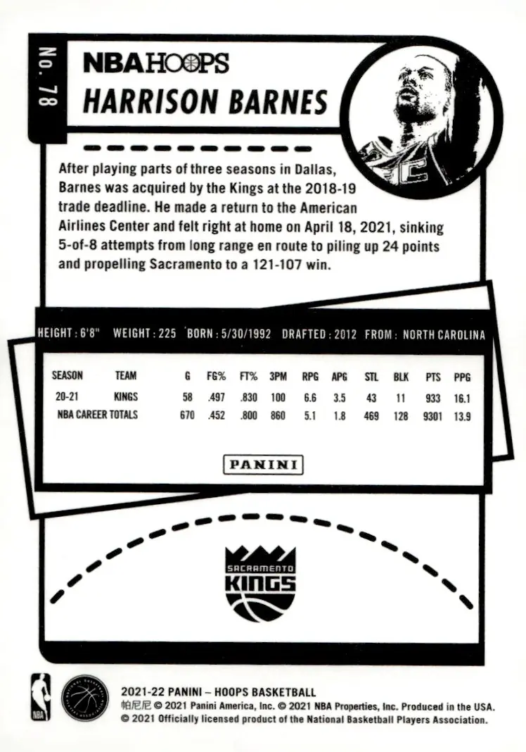 2021-22 NBA Hoops #78 Harrison Barnes (back)