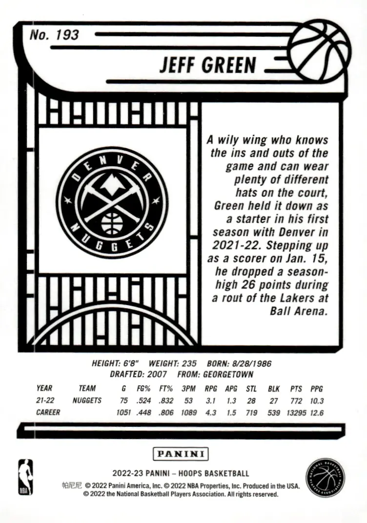 2022-23 NBA Hoops #193 Jeff Green (back)