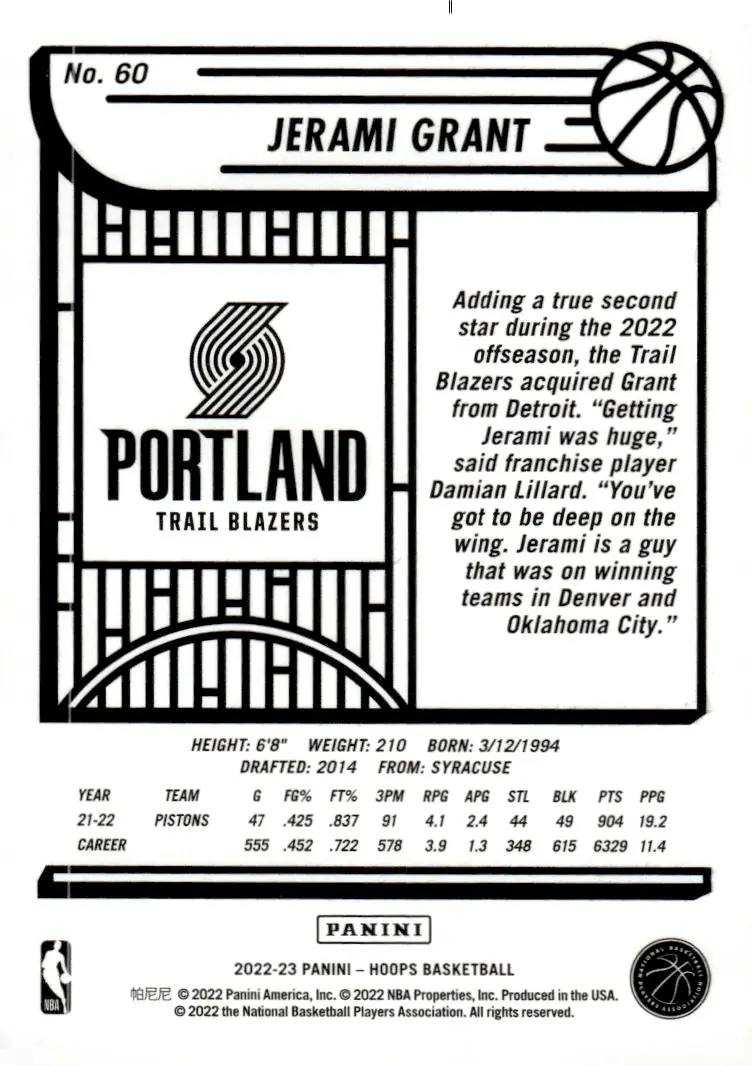 2022-23 NBA Hoops #60 Jerami Grant (back)