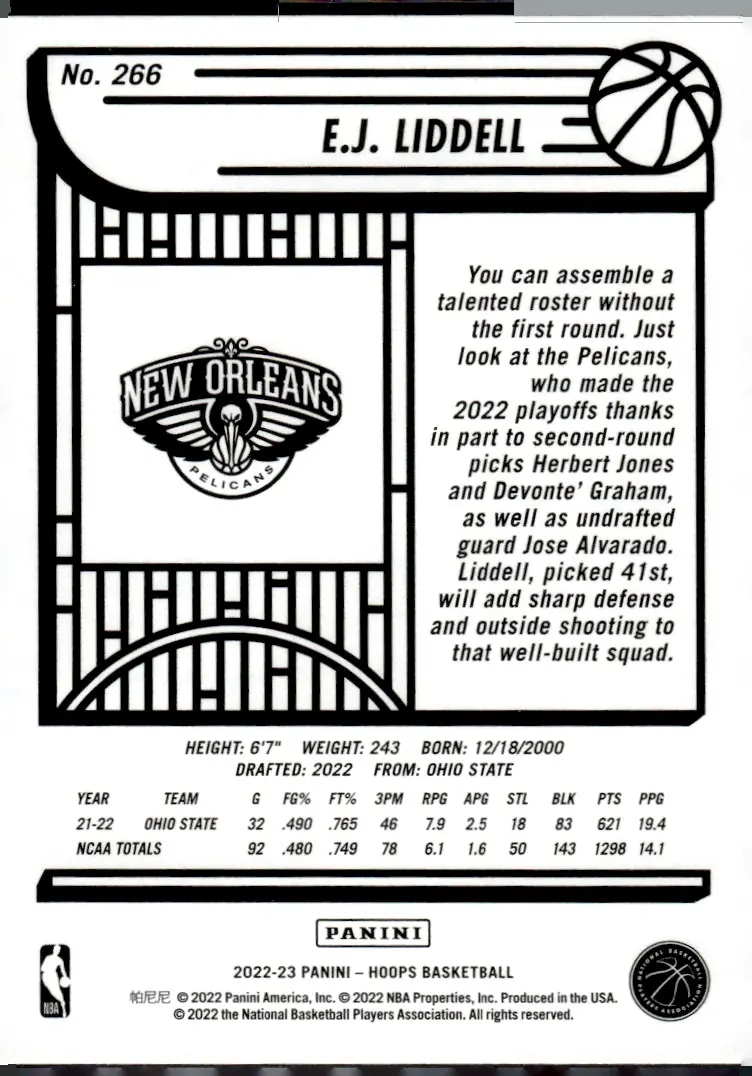 2022-23 NBA Hoops #266 E.J. Liddell (back)
