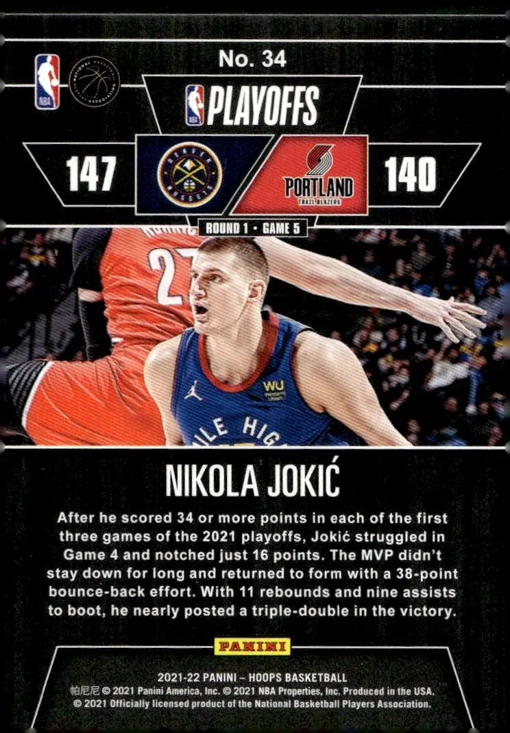 2021-22 NBA Hoops #34 Nikola Jokić – First Round (back)