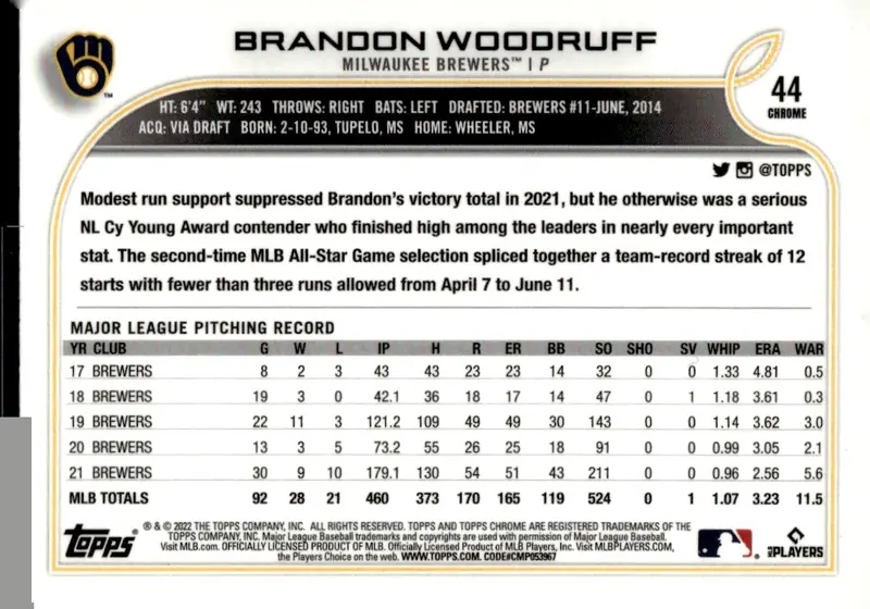 2022 Topps Chrome #44 Brandon Woodruff (back)