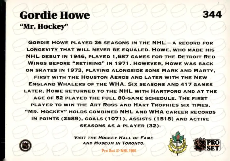 1991-92 Pro Set (Series 2) #344 Gordie Howe (back)
