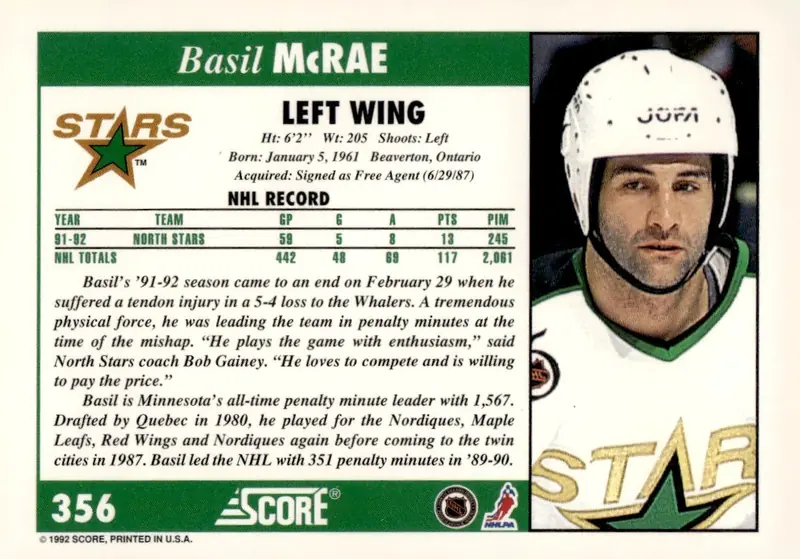 1992-93 Score (U.S.) #356 Basil McRae (back)
