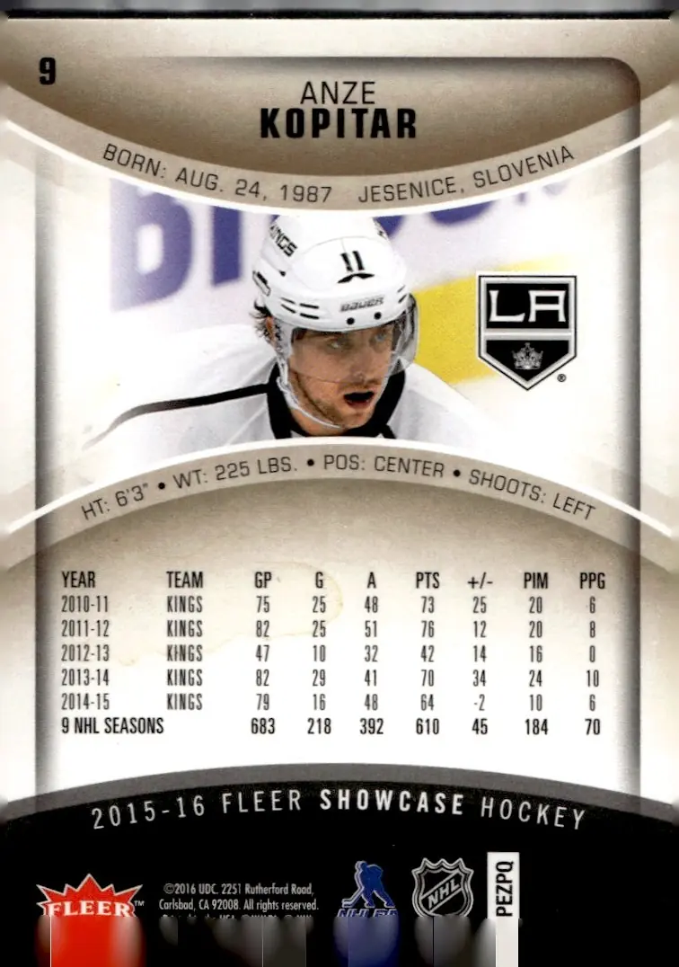 2015-16 Fleer Showcase #9 Anze Kopitar (back)