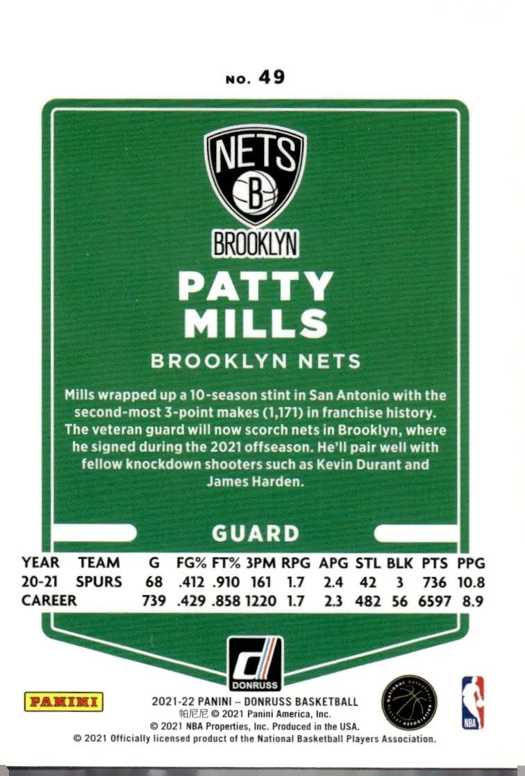 2021-22 Donruss #49 Patty Mills – Holo Red Laser (back)