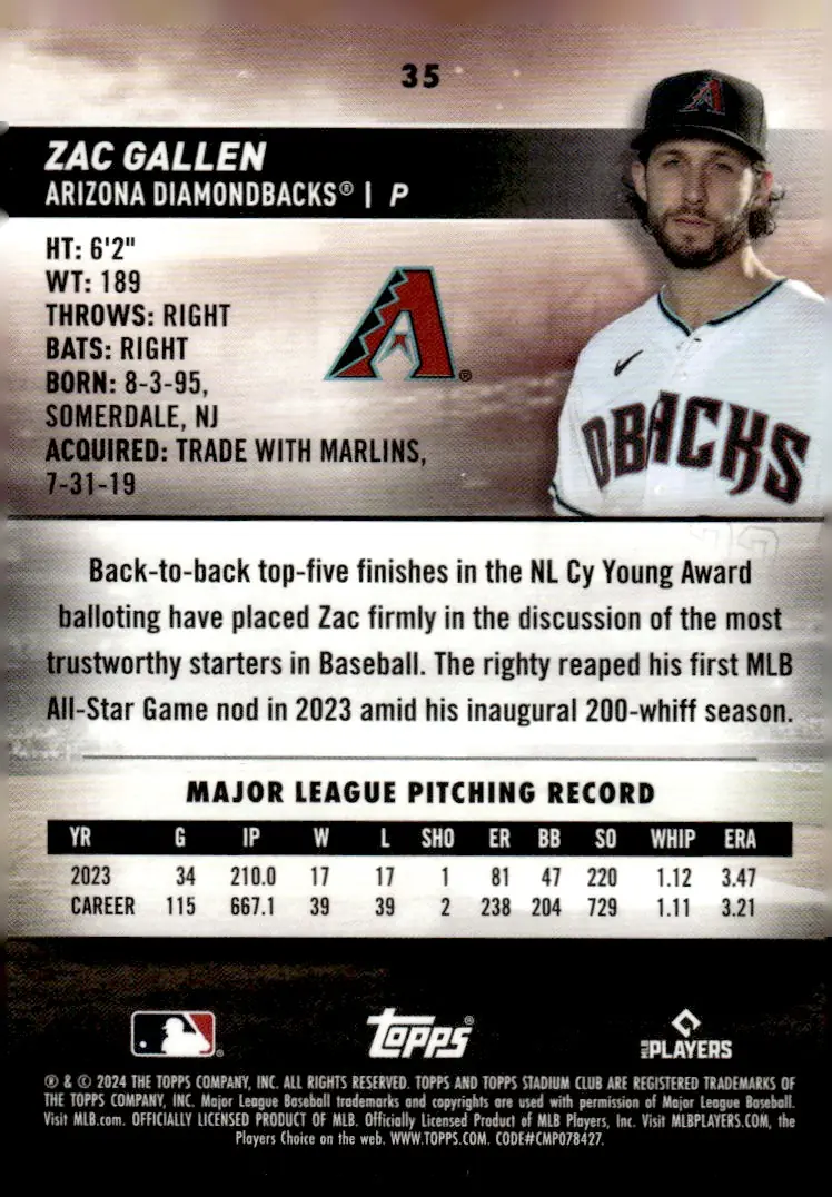 2024 Topps Stadium Club #35 Zac Gallen (back)