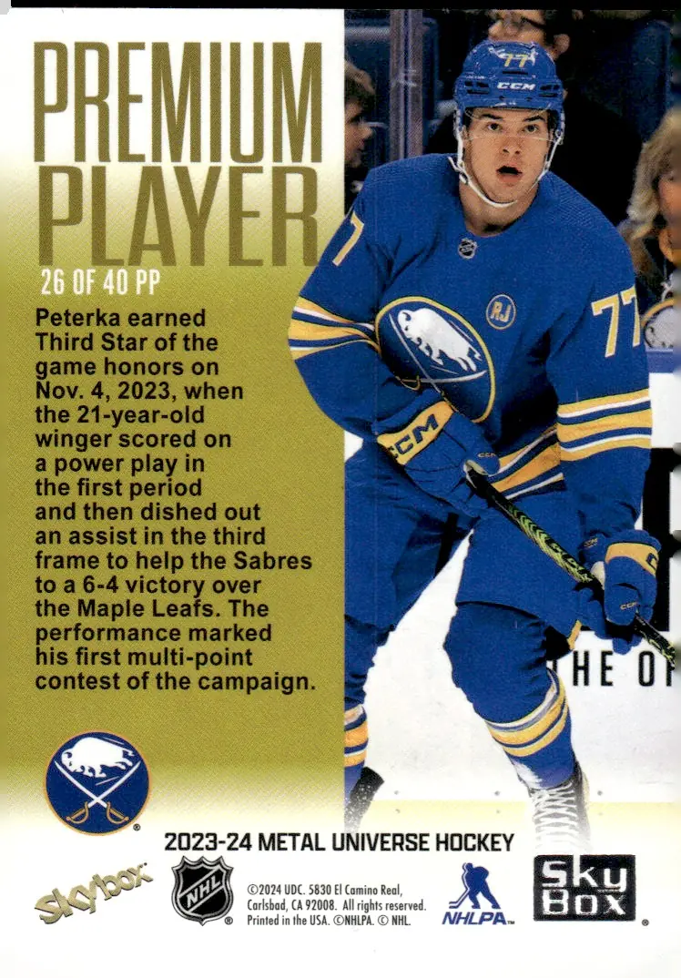 2023-24 SkyBox Metal Universe Hockey #26 PP (listed as "26 of 40 PP", often catalogued P JJ Peterka (back)