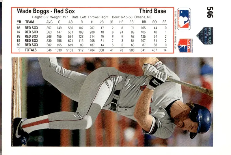 1991 Upper Deck #546 Wade Boggs (back)