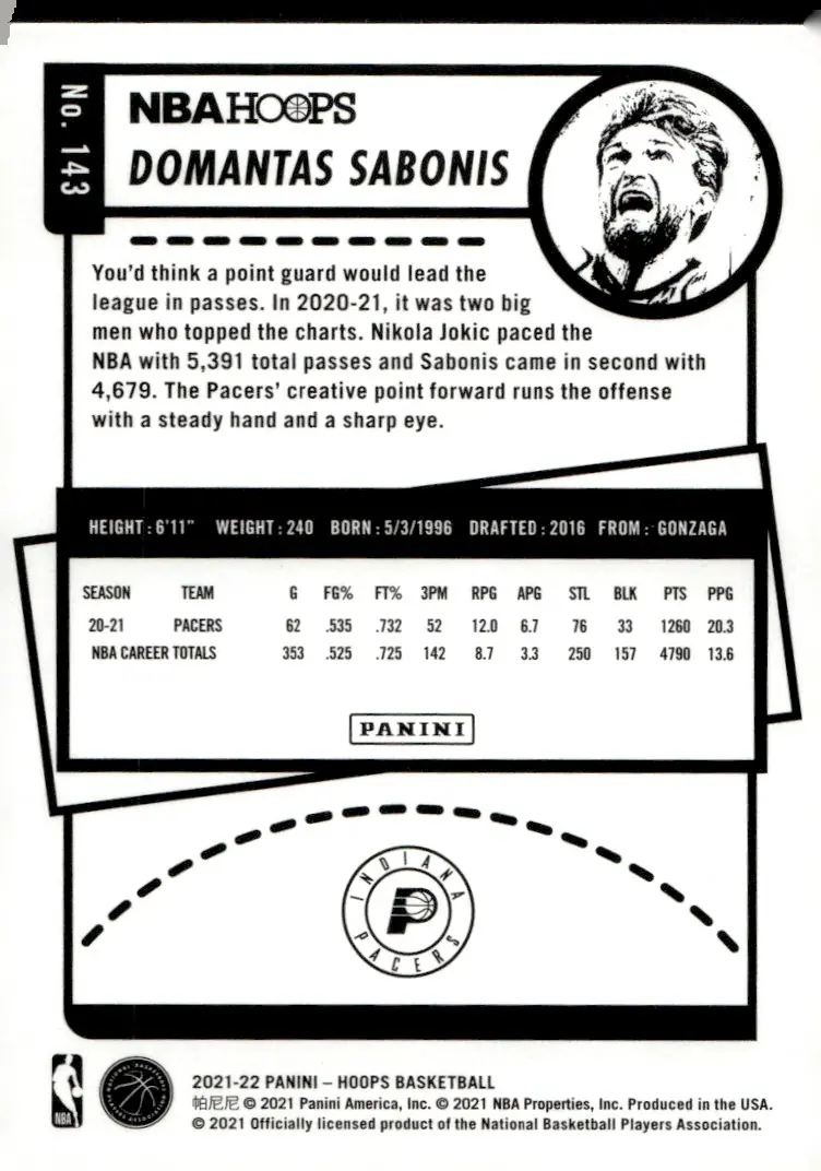 2021-22 NBA Hoops #143 Domantas Sabonis (back)