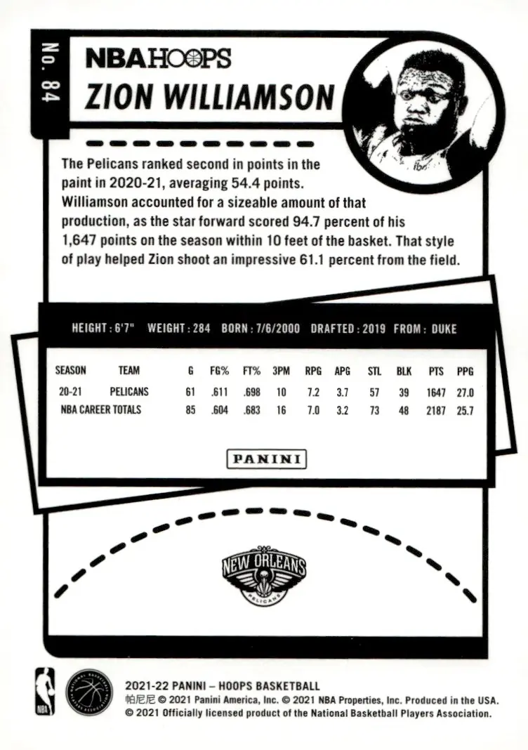 2021-22 NBA Hoops #84 Zion Williamson (back)