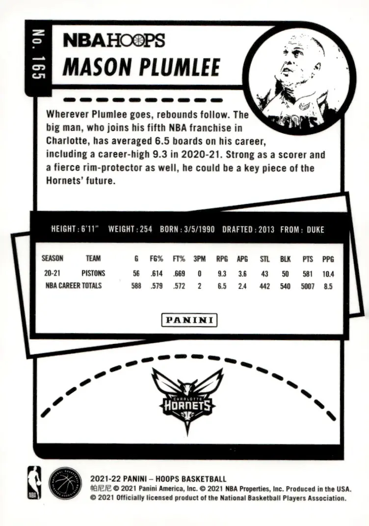 2021-22 NBA Hoops #165 Mason Plumlee (back)