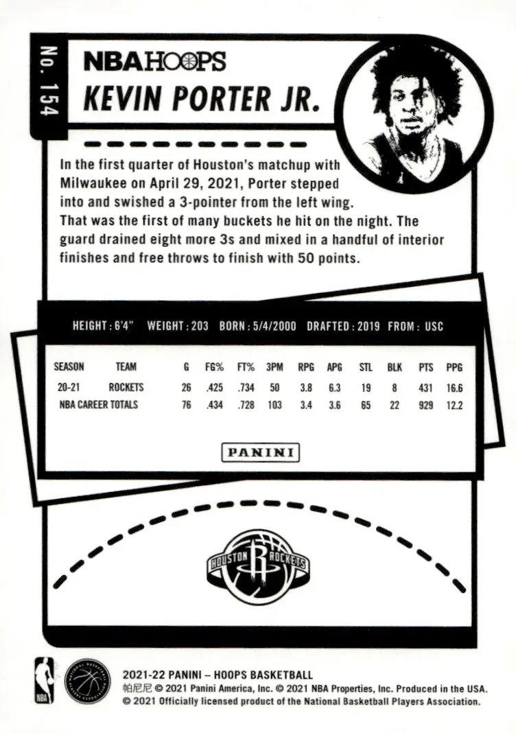 2021-22 NBA Hoops #154 Kevin Porter Jr. (back)