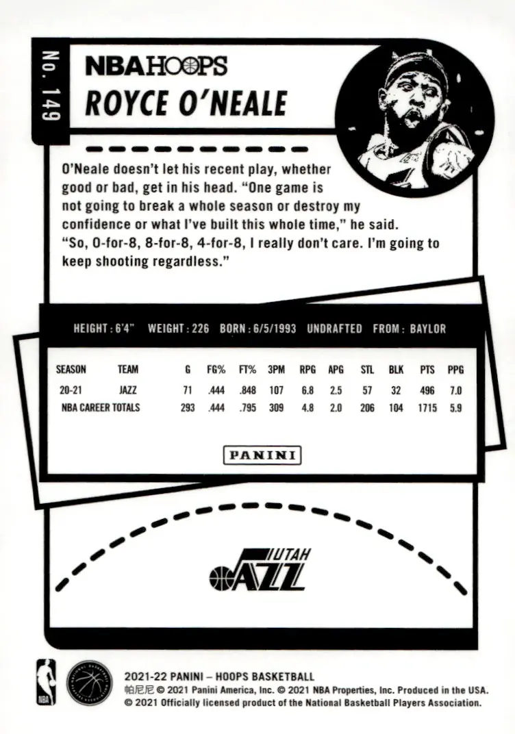 2021-22 NBA Hoops #149 Royce O'Neale (back)