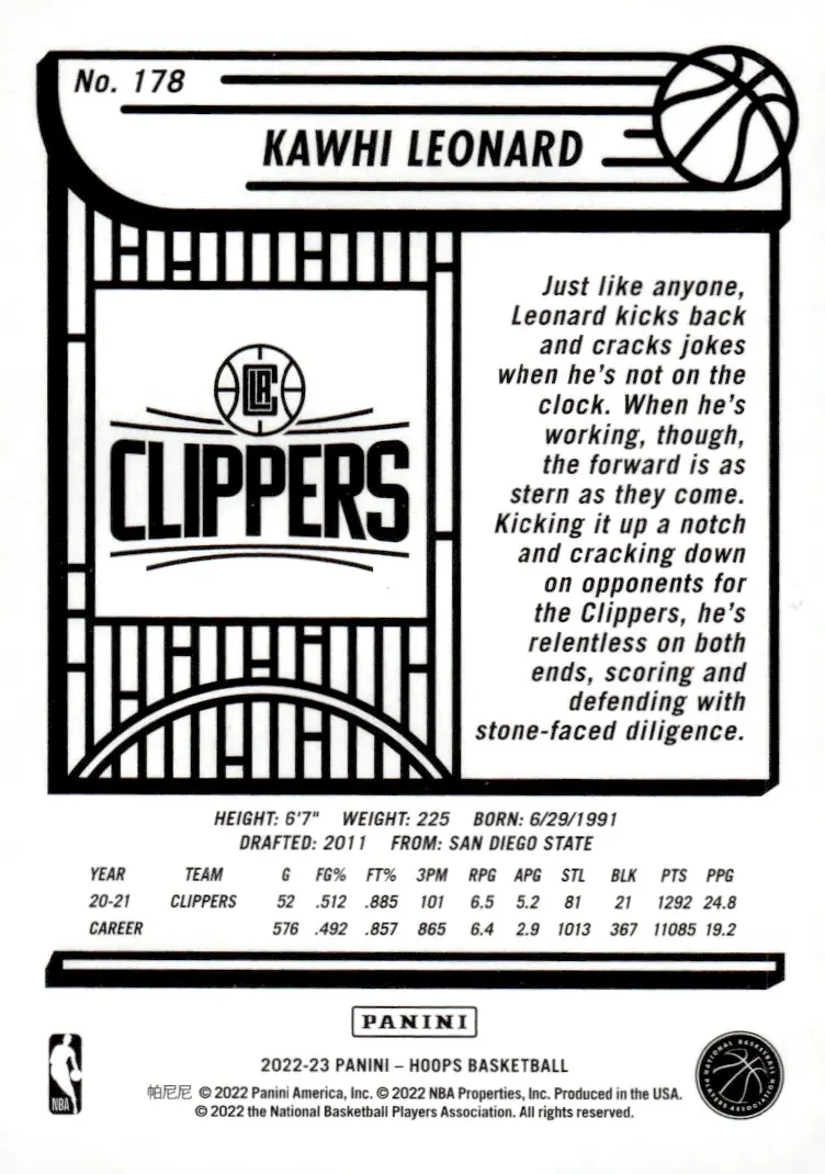 2022-23 NBA Hoops #178 Kawhi Leonard (back)
