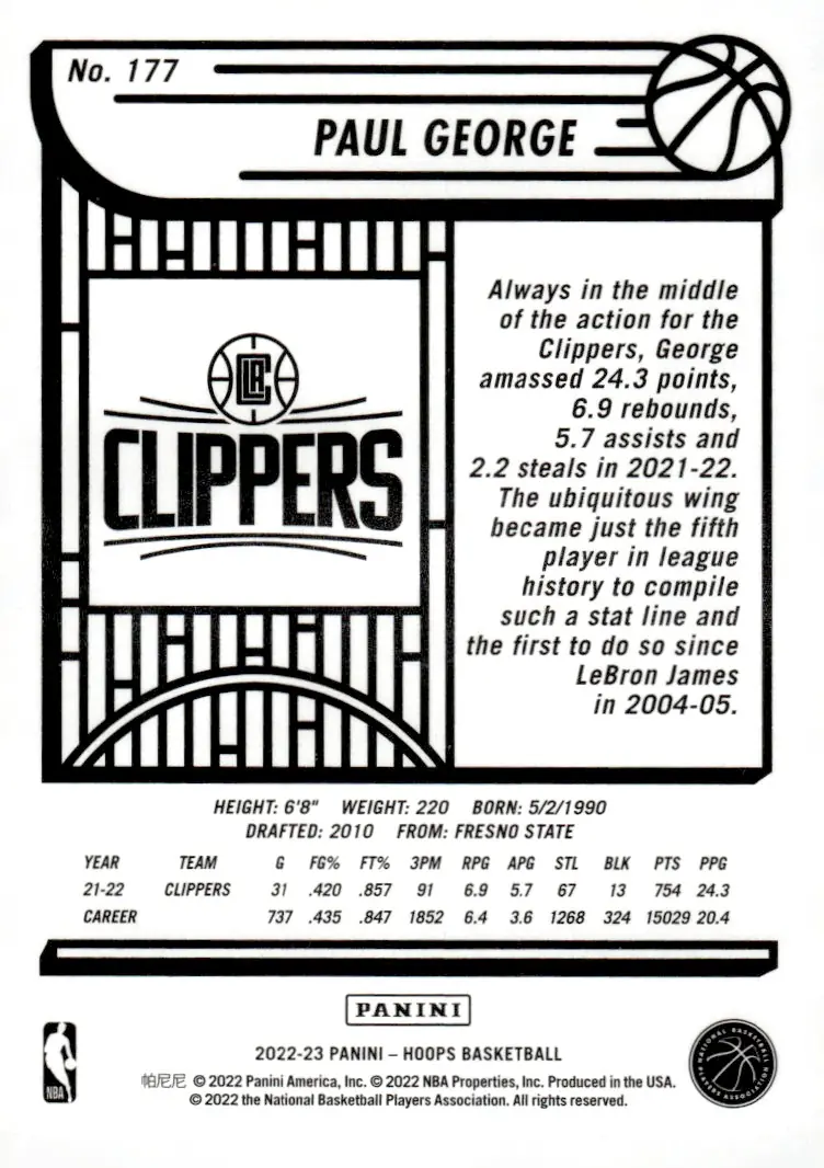 2022-23 NBA Hoops #177 Paul George (back)