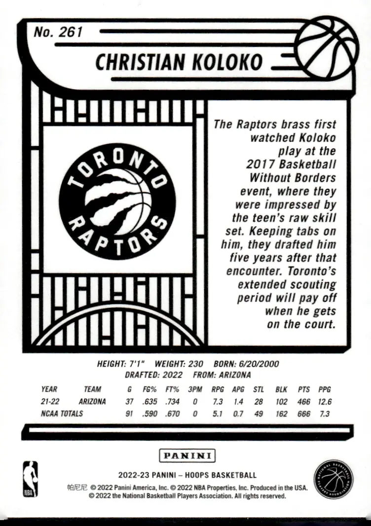 2022-23 NBA Hoops #261 Christian Koloko (back)