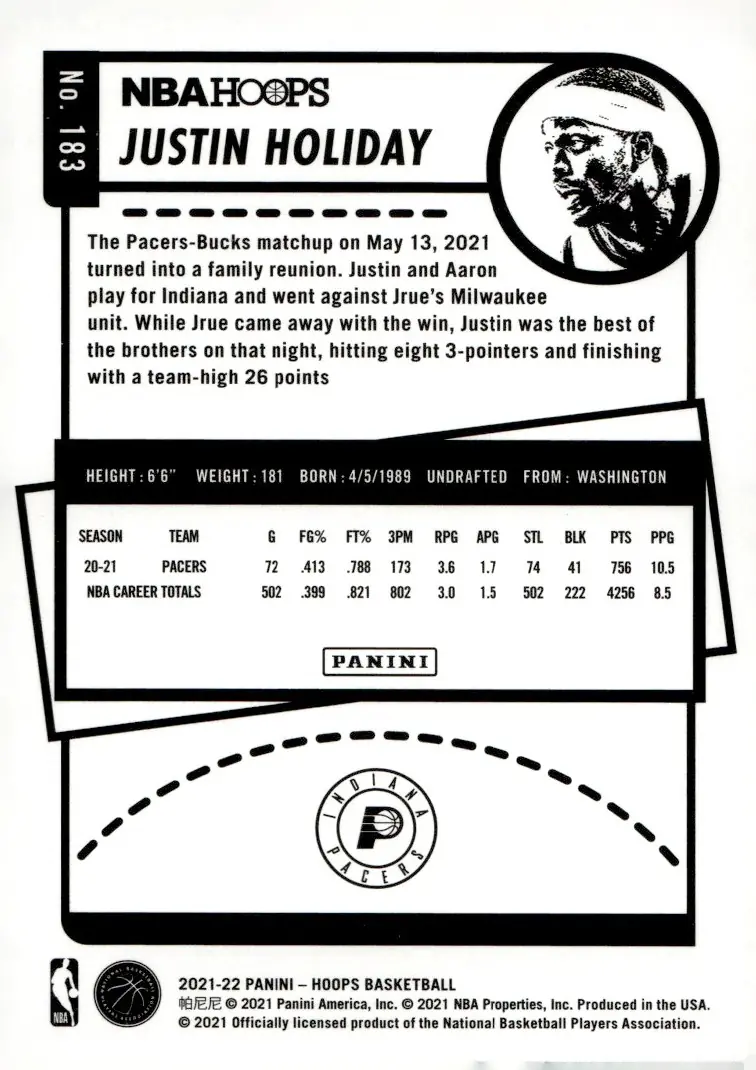2021-22 NBA Hoops #183 Justin Holiday (back)