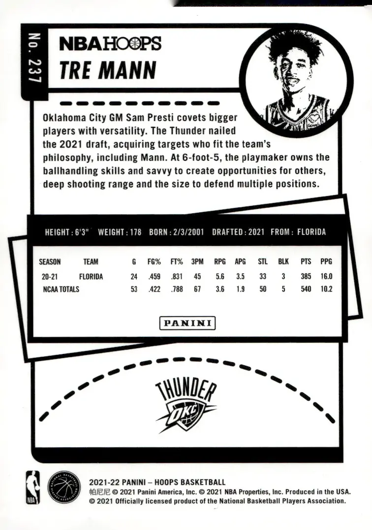 2021-22 NBA Hoops #237 Tre Mann (back)