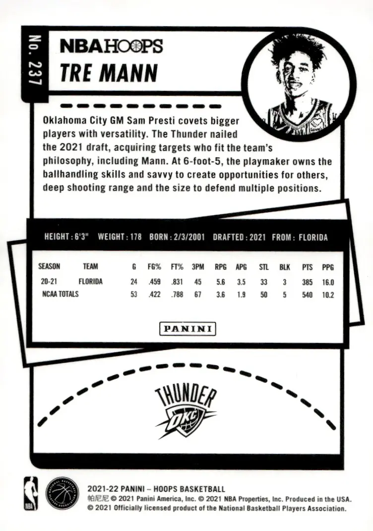 2021-22 NBA Hoops #237 Tre Mann (back)