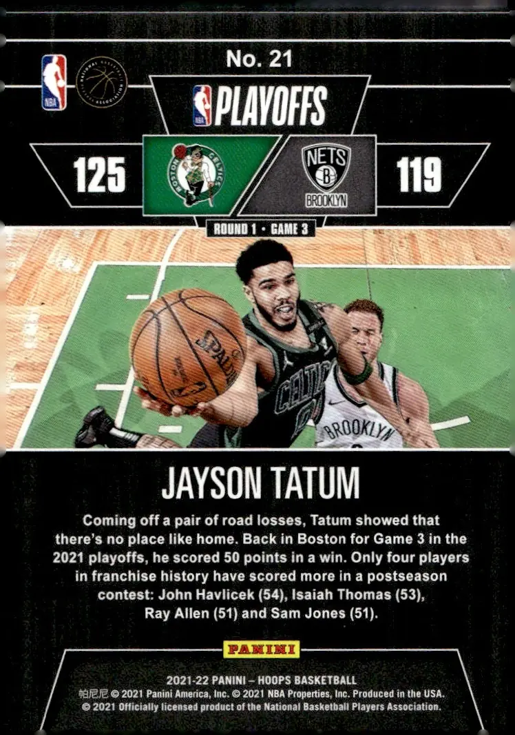 2021-22 NBA Hoops #21 Jayson Tatum – First Round /2021 (back)