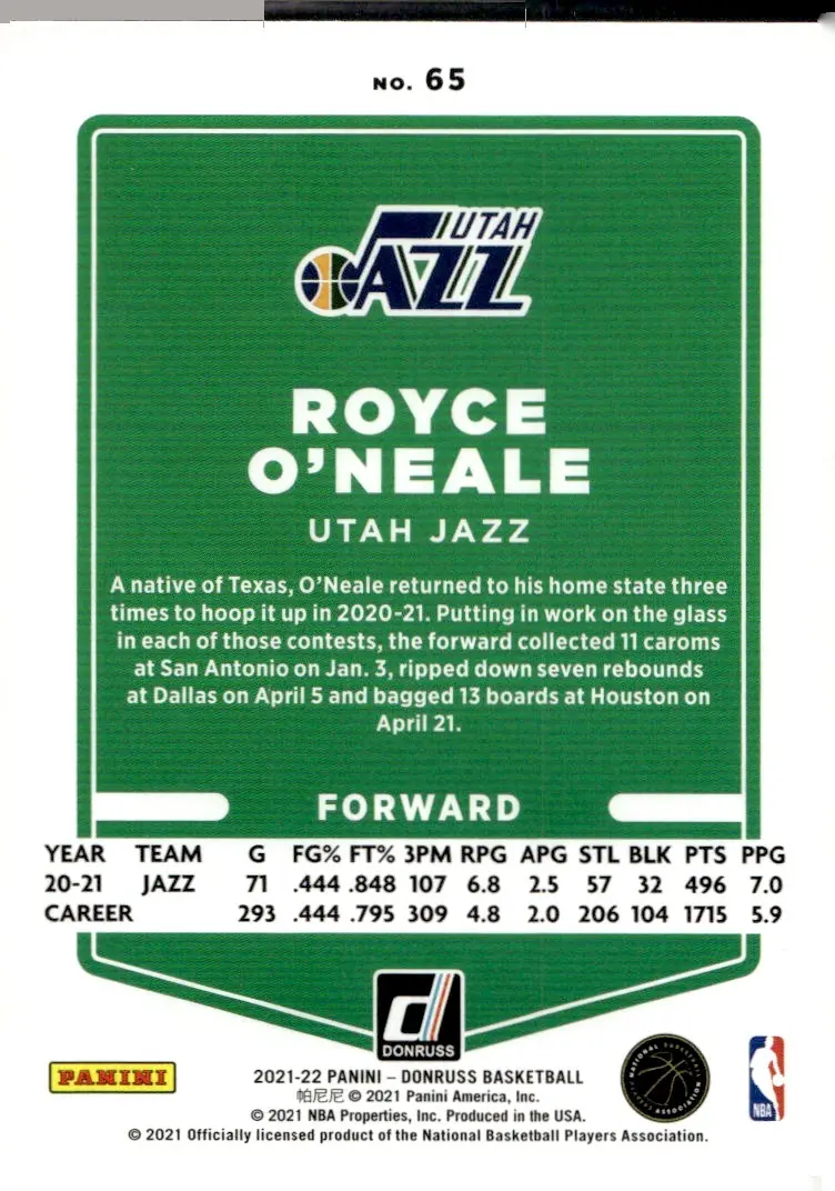 2021-22 Donruss #65 Royce O'Neale (back)